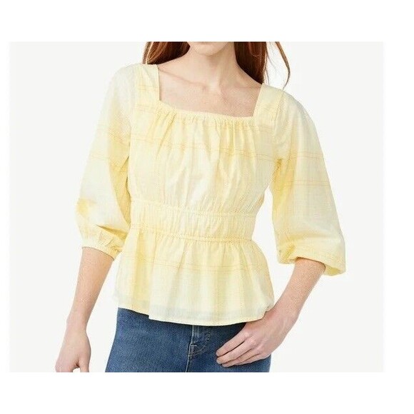 Free Assembly Blouse Yellow Medium Top 3/4 Sleeve Square Neck Peplum Hem Cadmium - Picture 1 of 8